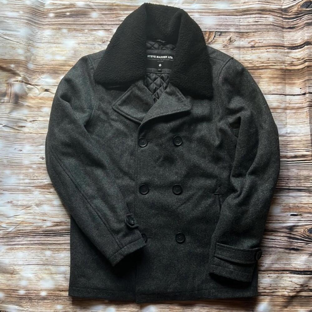 🖤 Steve Madden Men’s Wool Peacoat with Faux Sherpa Collar